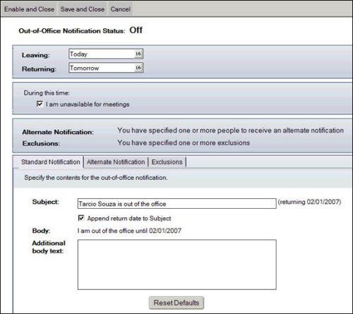 Lotus Notes 8  Out of Office û